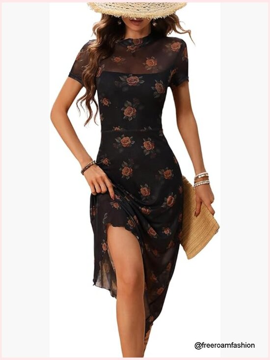Dresses & Skirts - Floral Print Vintage Mesh Spliced Midi Dress with Irregular Hemline